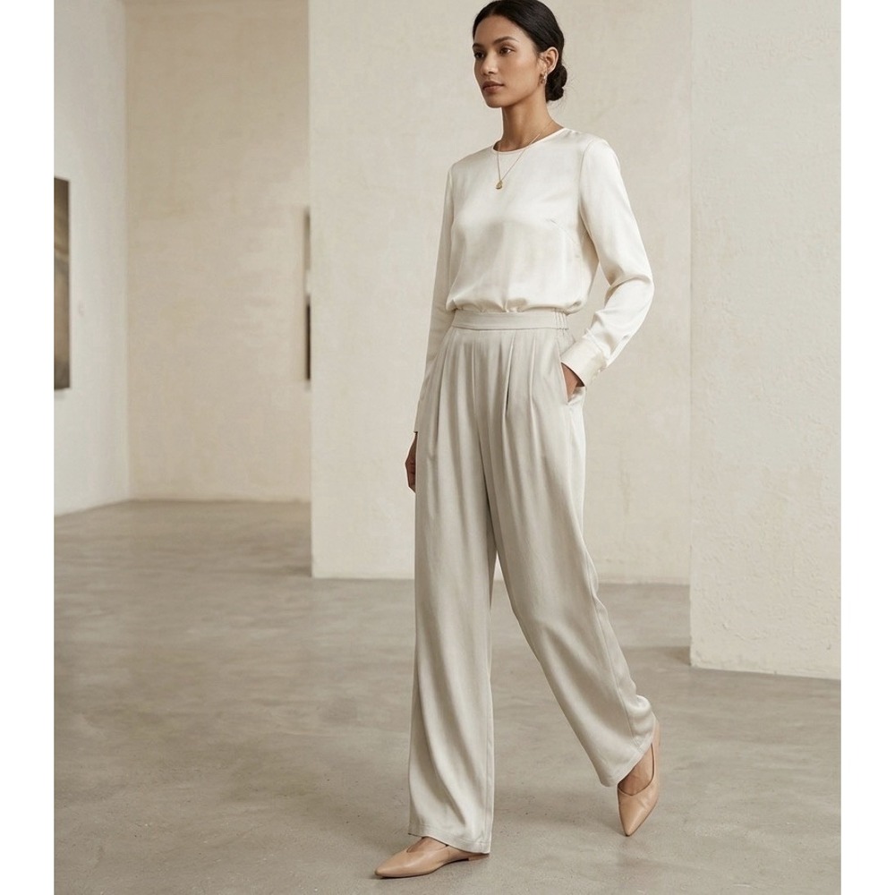 Eileen Fisher Silk Pants Womens Small Cream Bone Pockets Pull On Lined Flowy